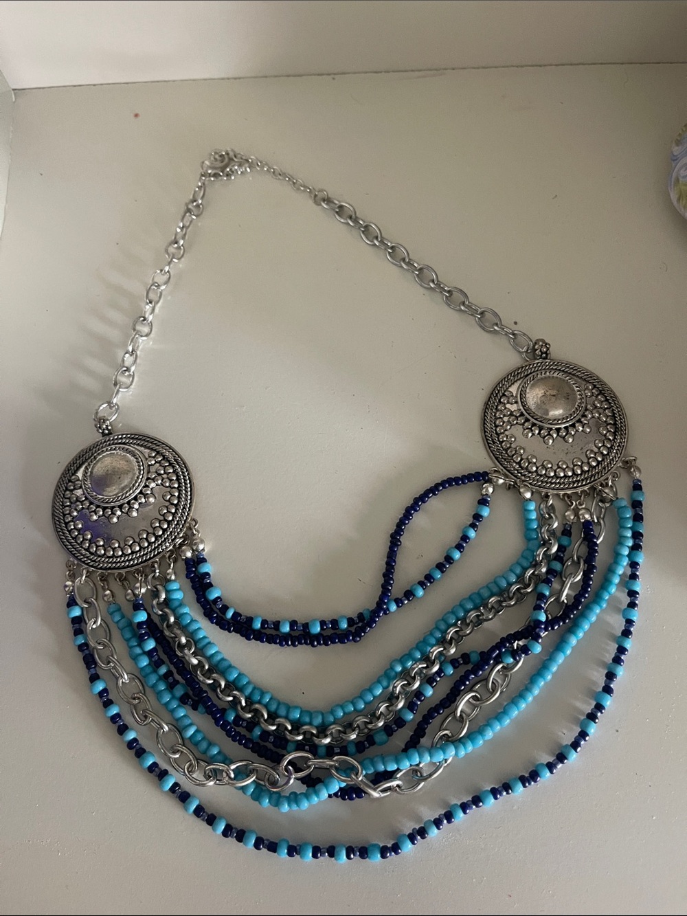 Silver-Tone Blue Bead Multi-Strand Statement Necklace